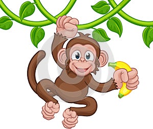 Monkey Singing On Jungle Vines With Banana Cartoon