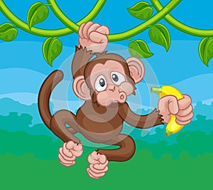 Monkey Singing On Jungle Vines With Banana Cartoon