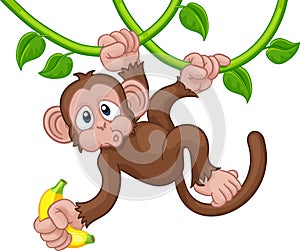 Monkey Singing On Jungle Vines With Banana Cartoon