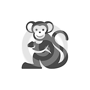 Monkey sitting with curved tail funny exotic jungle character monochrome silhouette icon vector