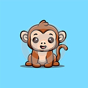 Monkey Sitting Happy Cute Creative Kawaii Cartoon Mascot Logo