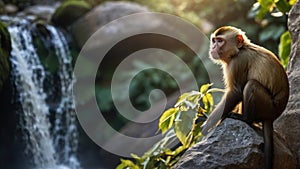 Serene Monkey by Waterfall in Lush Jungle