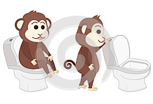Monkey sitting on the toilet and flush toilet