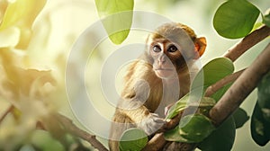 Monkey sitting on a tree in the jungle and looking at camera Generative AI
