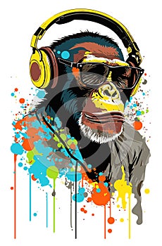 Monkey smile wear cool glasses, Pop art color style chimpanzee head with paint splatter
