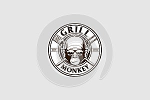 Monkey sunglasses and trucker hat with with a grill fork and spatula vector for Grill or food logo