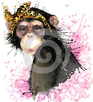 Monkey T-shirt graphics, monkey chimpanzee illustration with splash watercolor textured background.