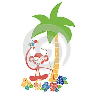 Monkey and toucan tropical vector illustration. Cute jungle animals sitting under a palm tree. Use for kids market, decor,