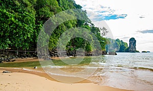 The Monkey trail starting at Ao Nang beach, Krabi province, Thailand. Wooden path in jungle