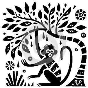 Monkey in Tree Black and White Illustration