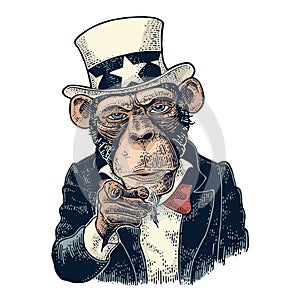 Monkey Uncle Sam with pointing finger at viewer. Vintage engraving