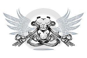 Monkey with wings in lotus position and keep calm, meditation, levitates. Zen balance, mudra hands. Yoga animal. Vector