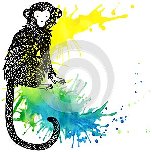 Monkey Year. Monkey graphics. watercolor firework texture illustration.