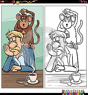 Monkey on your back proverb cartoon coloring book page photo
