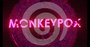 Monkeypox. The inscription on a red background with flying molecules, virus cells. Epidemic warning