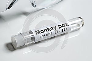 Monkeypox PCR test tube close-up. Equipment for monkey pox virus diagnostics