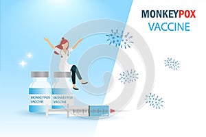 Monkeypox vaccine. Doctor sit on monkey pox vaccine and syringe to fight with orthopoxvirus pandemic outbreak. Laboratory research photo