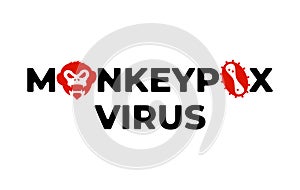 Monkeypox virus inscription concept. Monkey pox disease outbreak lettering with primat head and infection icon. Danger