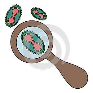 Monkeypox virus. Observe a living organism through a magnifying glass. Color vector illustration. Dangerous disease.