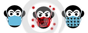 Monkeypox virus outbreak icon set. Vector gorilla in face mask. Health monkey pox emergency. Viral smallpox infection