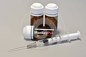 MonkeyPox virus. Syringe and vaccine. Treatment for New Virus MonkeyPox photo