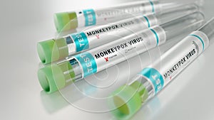 Monkeypox virus test tube on shiny table testing to prevent pandemic. photo