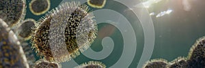 Monkeypox viruses, contagious microscopic pathogen closeup, infectious zoonotic disease, background banner format with empty space