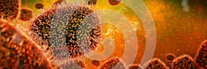 Monkeypox viruses, contagious microscopic pathogen closeup, infectious zoonotic disease, background banner format with empty space photo