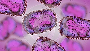 Monkeypox viruses, microscopic pathogen closeup, infectious zoonotic disease 3d microbiology render