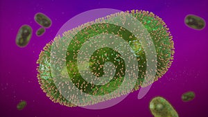 Monkeypox viruses, microscopic pathogen closeup, infectious zoonotic disease 3d microbiology rendering