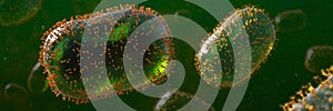 Monkeypox viruses, pathogen closeup, infectious zoonotic disease, background banner format