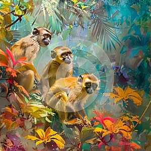 Monkeys amid vibrant flora, playful, wide angle, soft diffused light, painting with digital smoothness , high-resolution photo