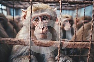 Monkeys locked in cage. Emaciated, skinny chimpanzee in cramped cage behind bars in a zoo or circus with a sad look. The