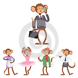 Monkeys rare animal vector cartoon macaque like people nature primate character wild zoo ape chimpanzee illustration.