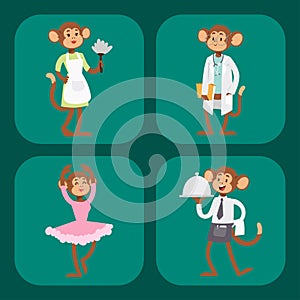 Monkeys rare animal vector cartoon macaque like people nature primate character wild zoo ape chimpanzee illustration.