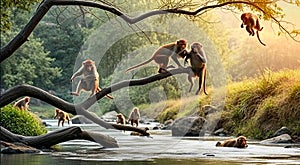 Monkeys on trees above stream
