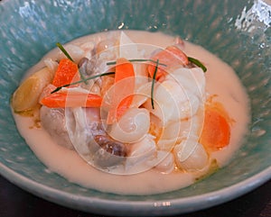 Monkfish and Atlantic pollock ragout served in gourmet restaurant