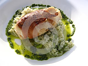 Monkfish Wrapped in Palma Ham on a Bed of Mint Risotto