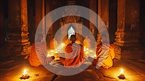 Monks Meditating in Ancient Temple