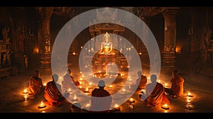 Monks Meditating in Ancient Temple