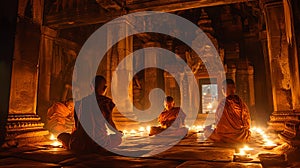 Monks Meditating in Ancient Temple