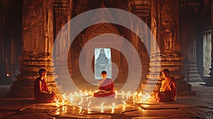 Monks Meditating in Ancient Temple