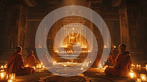 Monks Meditating in Ancient Temple