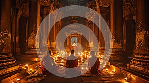 Monks Meditating in Ancient Temple