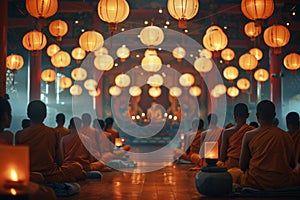 Monks in meditation under glowing lanterns in a temple