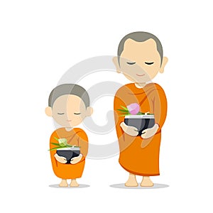 Monks and novices holding alms bowls, isolated on white background