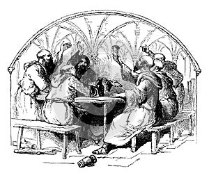 Monks at a Table vintage illustration