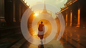 Monks walk quietly through the serene temple grounds. Generative Ai