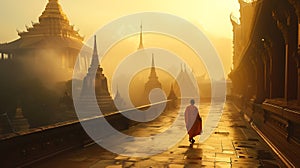Monks walk quietly through the serene temple grounds. Generative Ai