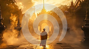 Monks walk quietly through the serene temple grounds. Generative Ai